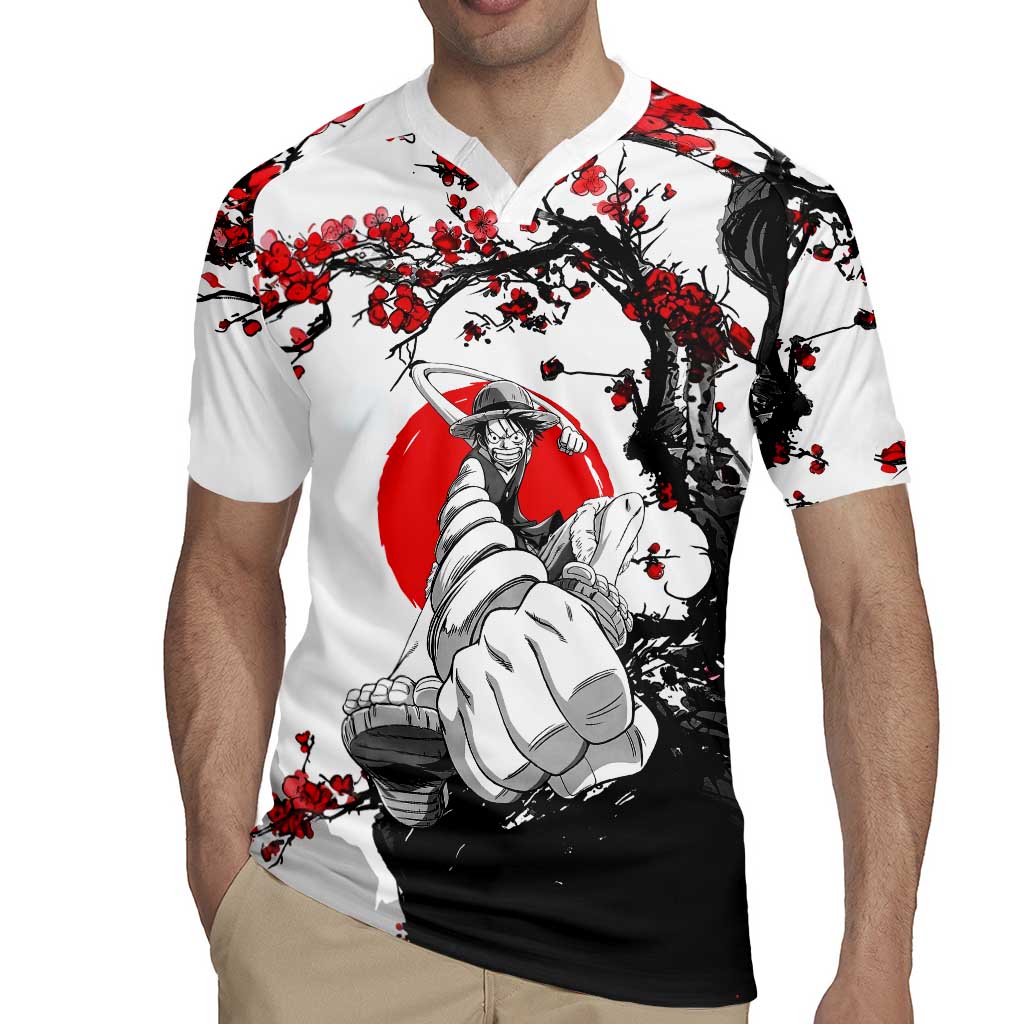 Luffy Gear 3 One Piece Anime White and Red Japanese Art Style Rugby Jersey with Cherry Blossom Tree and Straw Hat Pirates Jolly Roger - The Mazicc