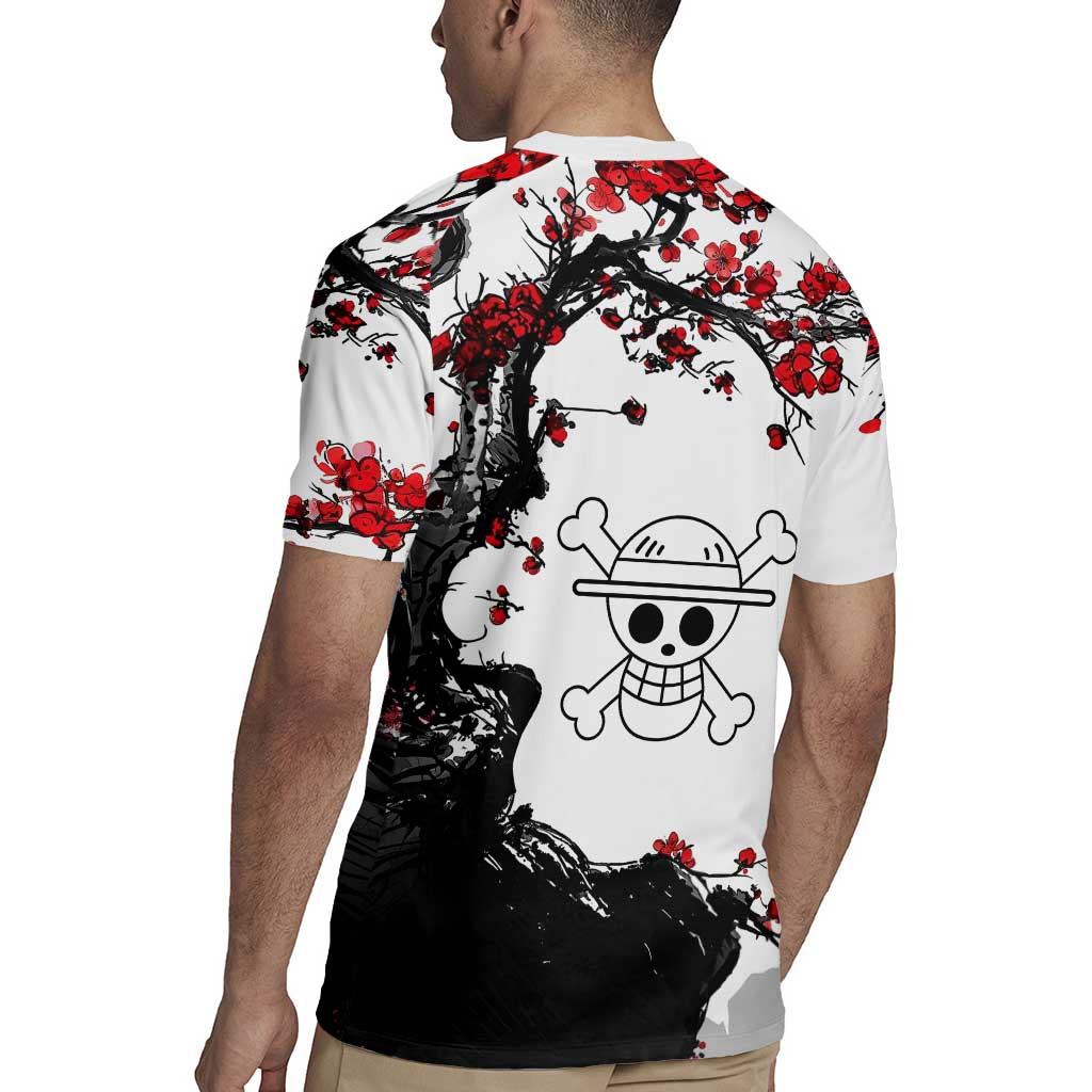 Luffy Gear 3 One Piece Anime White and Red Japanese Art Style Rugby Jersey with Cherry Blossom Tree and Straw Hat Pirates Jolly Roger - The Mazicc