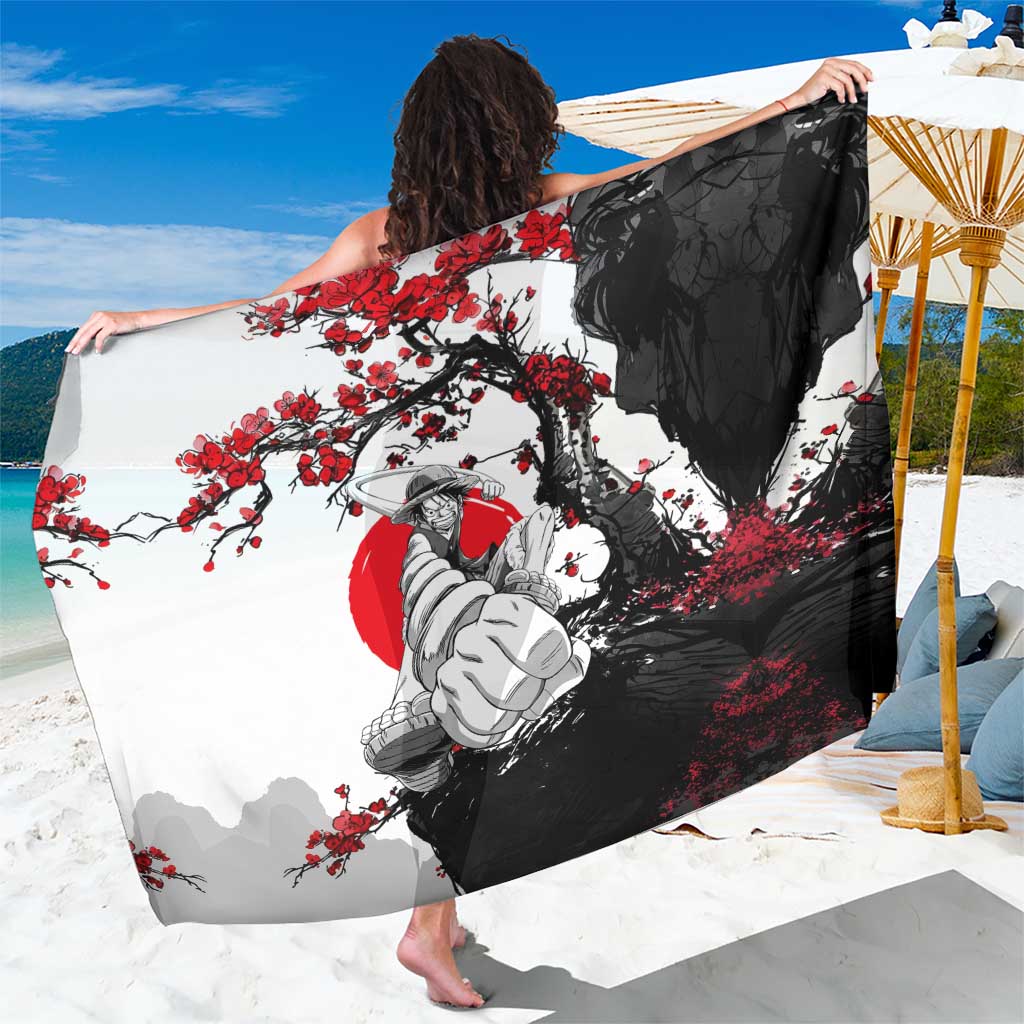 Luffy Gear 3 One Piece Anime White and Red Japanese Art Style Sarong with Cherry Blossom Tree and Straw Hat Pirates Jolly Roger - The Mazicc