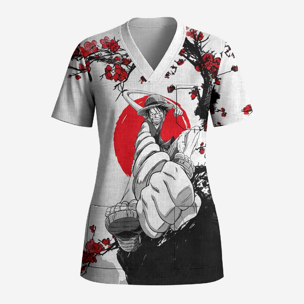 Luffy Gear 3 One Piece Anime White and Red Japanese Art Style Scrub Top with Cherry Blossom Tree and Straw Hat Pirates Jolly Roger - The Mazicc