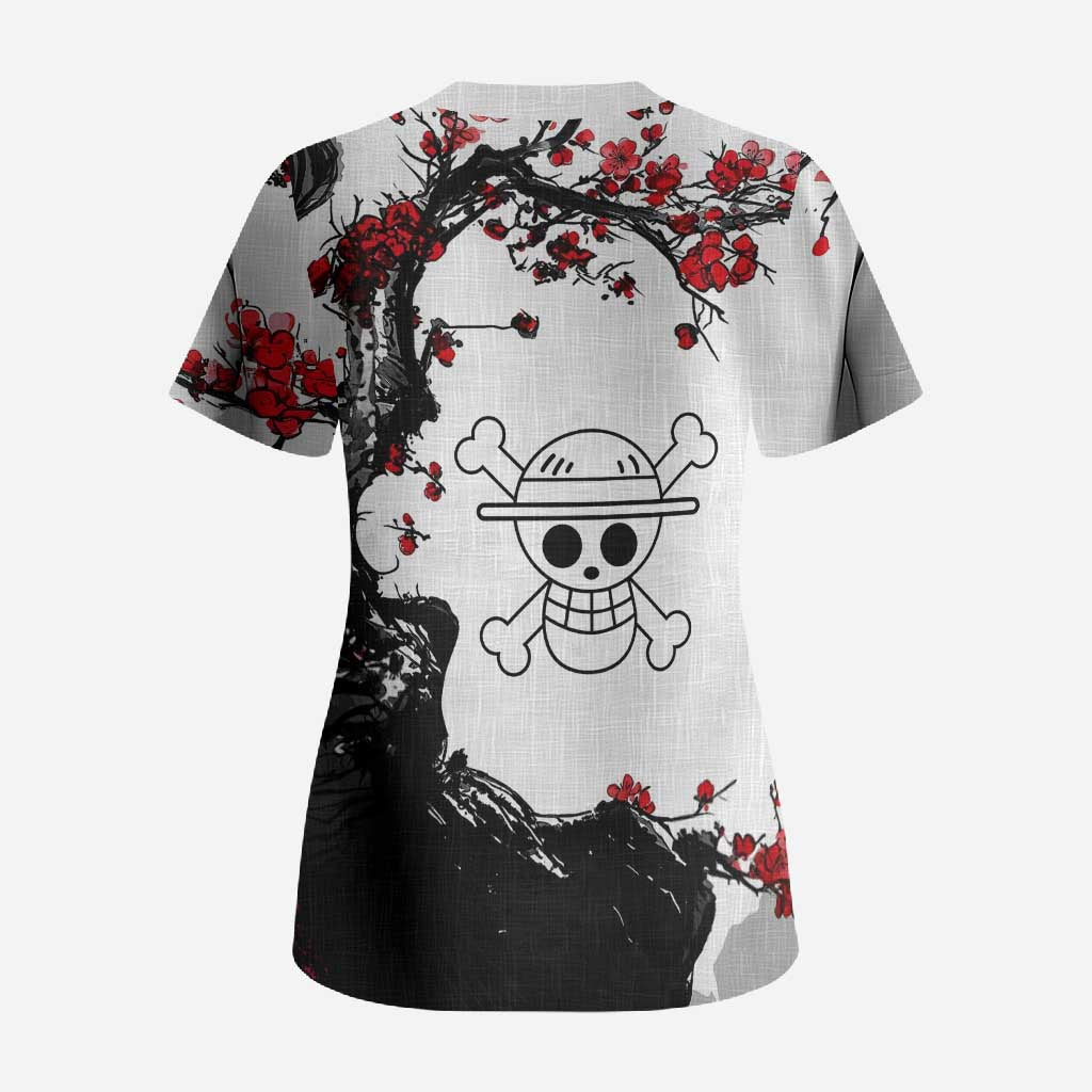 Luffy Gear 3 One Piece Anime White and Red Japanese Art Style Scrub Top with Cherry Blossom Tree and Straw Hat Pirates Jolly Roger - The Mazicc