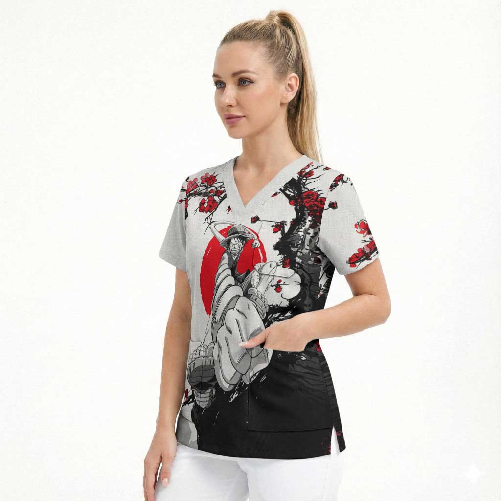 Luffy Gear 3 One Piece Anime White and Red Japanese Art Style Scrub Top with Cherry Blossom Tree and Straw Hat Pirates Jolly Roger - The Mazicc