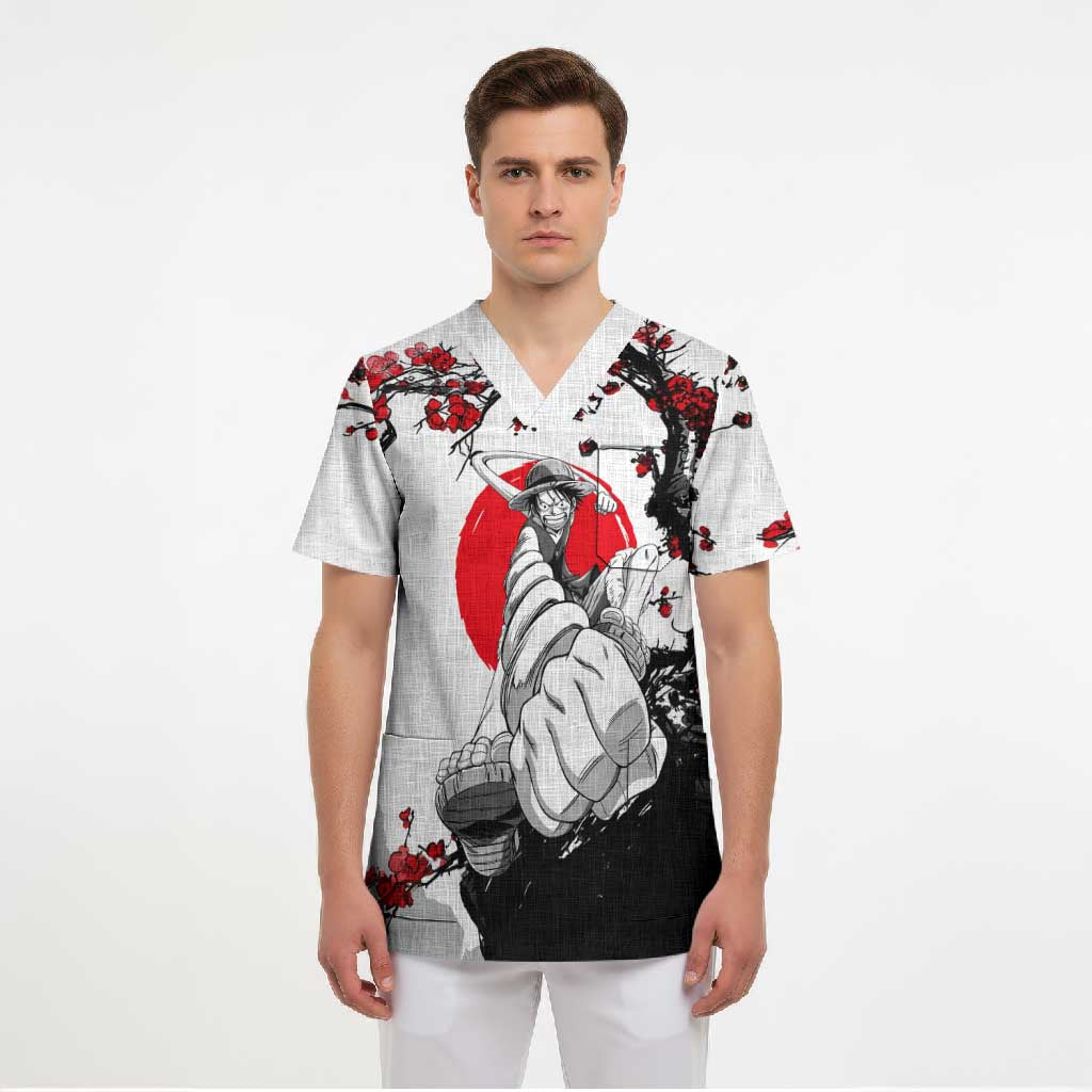 Luffy Gear 3 One Piece Anime White and Red Japanese Art Style Scrub Top with Cherry Blossom Tree and Straw Hat Pirates Jolly Roger - The Mazicc