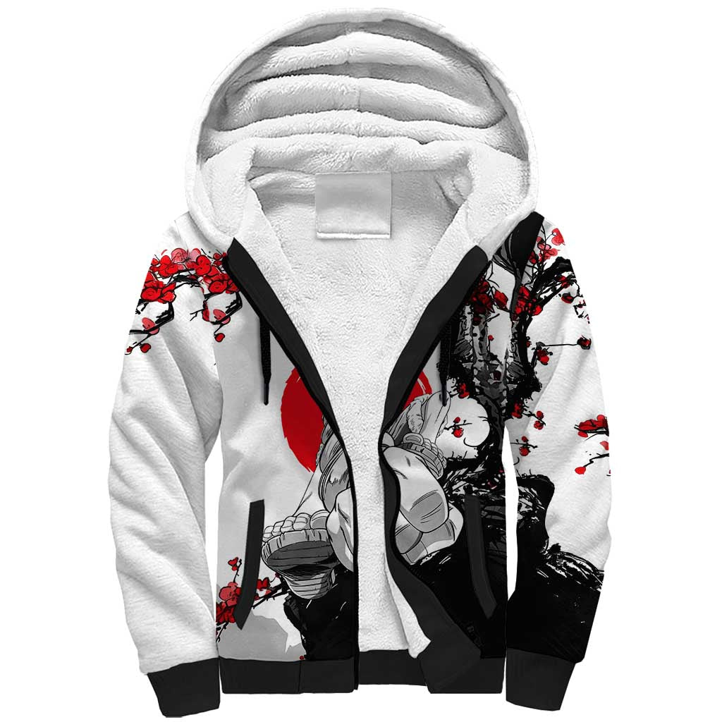 Luffy Gear 3 One Piece Anime White and Red Japanese Art Style Sherpa Hoodie with Cherry Blossom Tree and Straw Hat Pirates Jolly Roger - The Mazicc