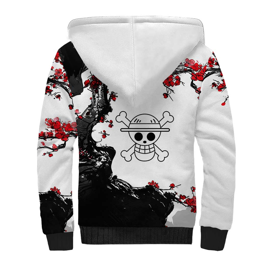 Luffy Gear 3 One Piece Anime White and Red Japanese Art Style Sherpa Hoodie with Cherry Blossom Tree and Straw Hat Pirates Jolly Roger - The Mazicc