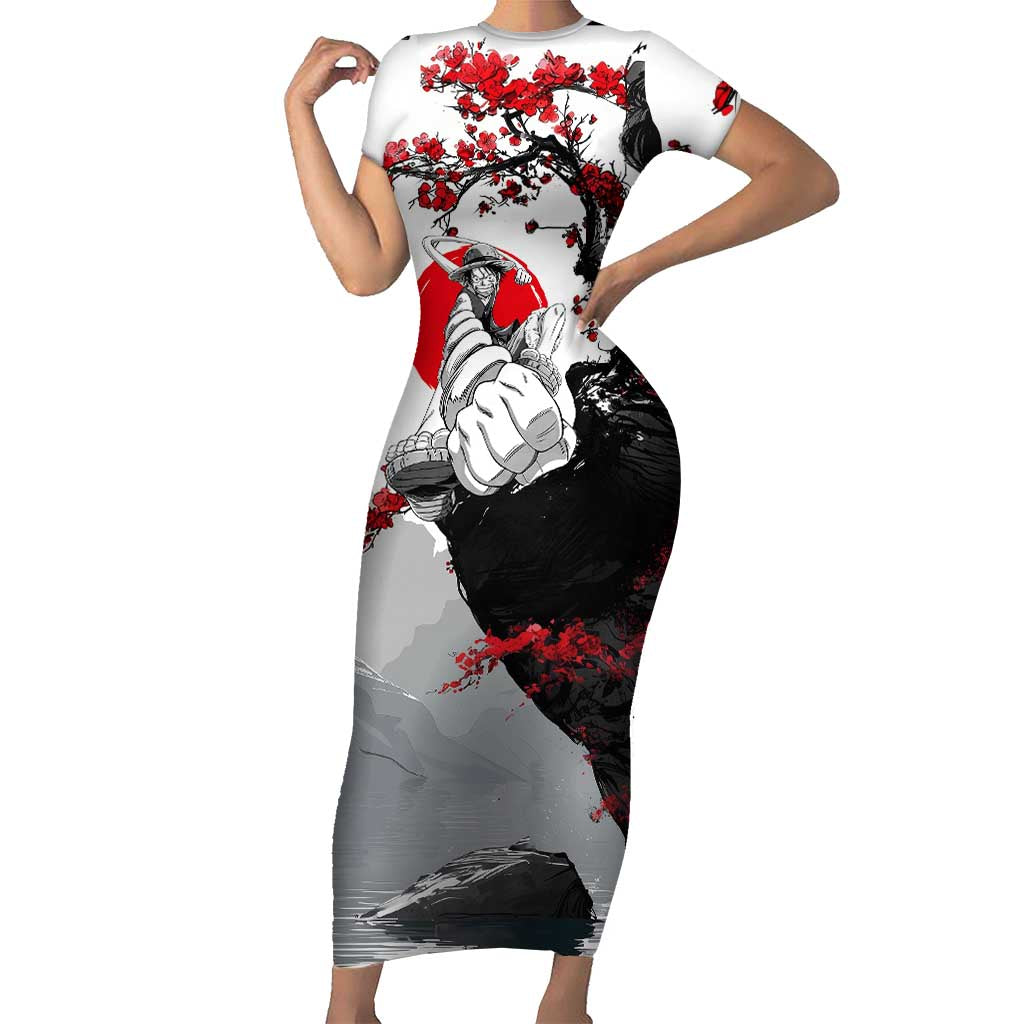 Luffy Gear 3 One Piece Anime White and Red Japanese Art Style Short Sleeve Bodycon Dress with Cherry Blossom Tree and Straw Hat Pirates Jolly Roger - The Mazicc