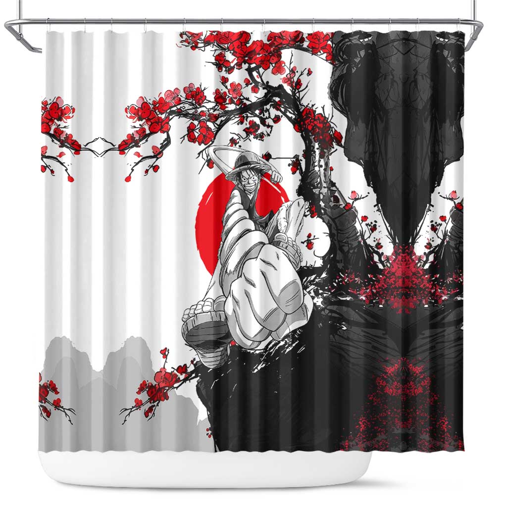 Luffy Gear 3 One Piece Anime White and Red Japanese Art Style Shower Curtain with Cherry Blossom Tree and Straw Hat Pirates Jolly Roger - The Mazicc