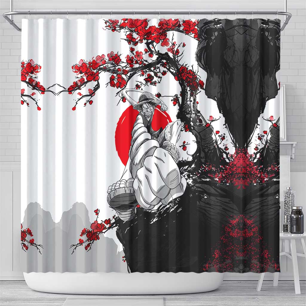 Luffy Gear 3 One Piece Anime White and Red Japanese Art Style Shower Curtain with Cherry Blossom Tree and Straw Hat Pirates Jolly Roger - The Mazicc