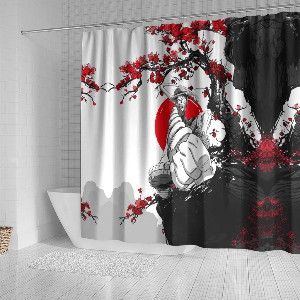 Luffy Gear 3 One Piece Anime White and Red Japanese Art Style Shower Curtain with Cherry Blossom Tree and Straw Hat Pirates Jolly Roger - The Mazicc
