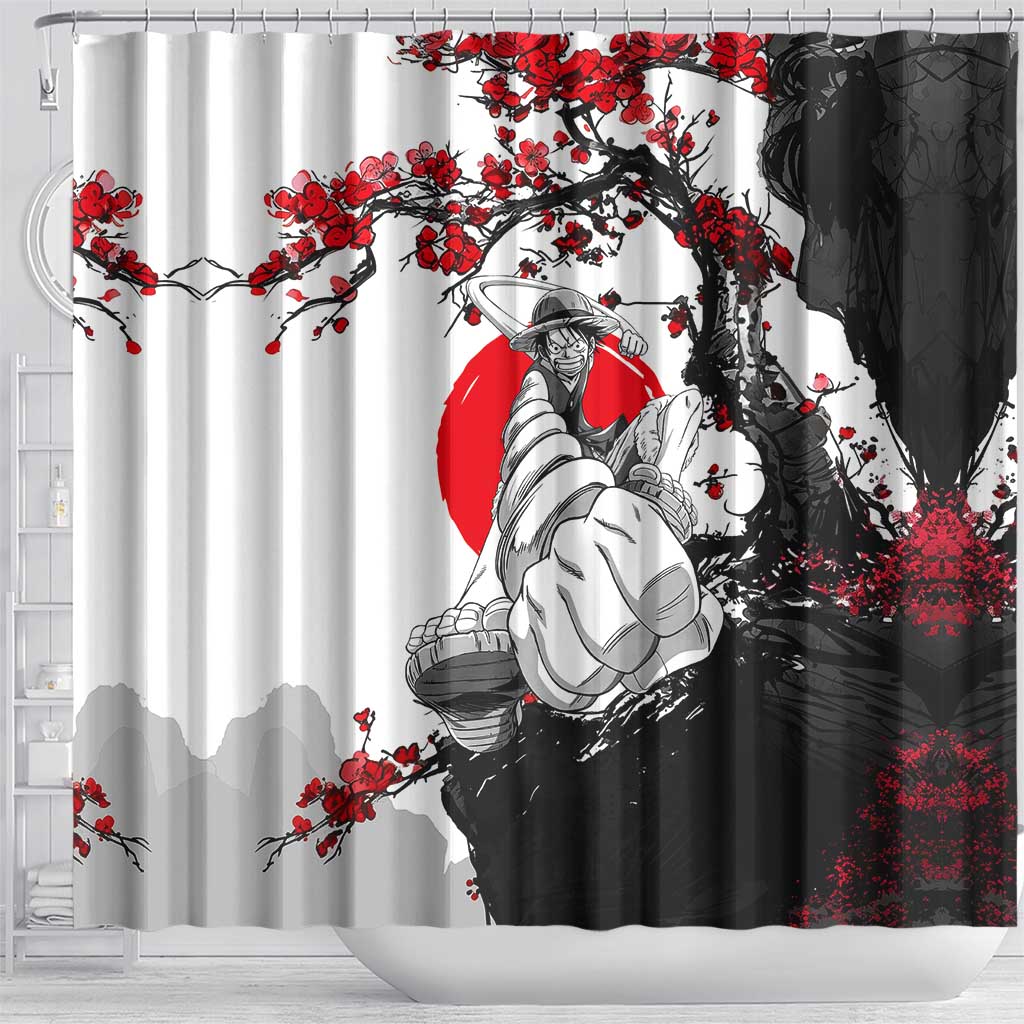 Luffy Gear 3 One Piece Anime White and Red Japanese Art Style Shower Curtain with Cherry Blossom Tree and Straw Hat Pirates Jolly Roger - The Mazicc
