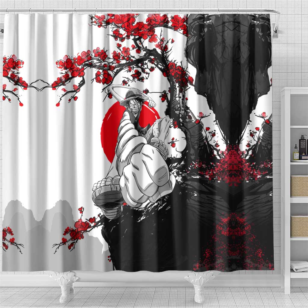 Luffy Gear 3 One Piece Anime White and Red Japanese Art Style Shower Curtain with Cherry Blossom Tree and Straw Hat Pirates Jolly Roger - The Mazicc