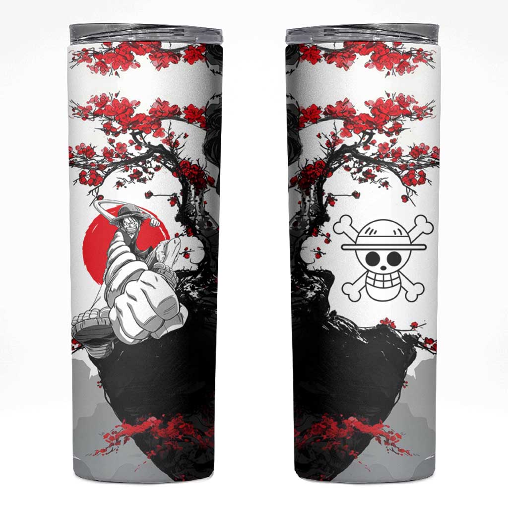 Luffy Gear 3 One Piece Anime White and Red Japanese Art Style Skinny Tumbler with Cherry Blossom Tree and Straw Hat Pirates Jolly Roger - The Mazicc