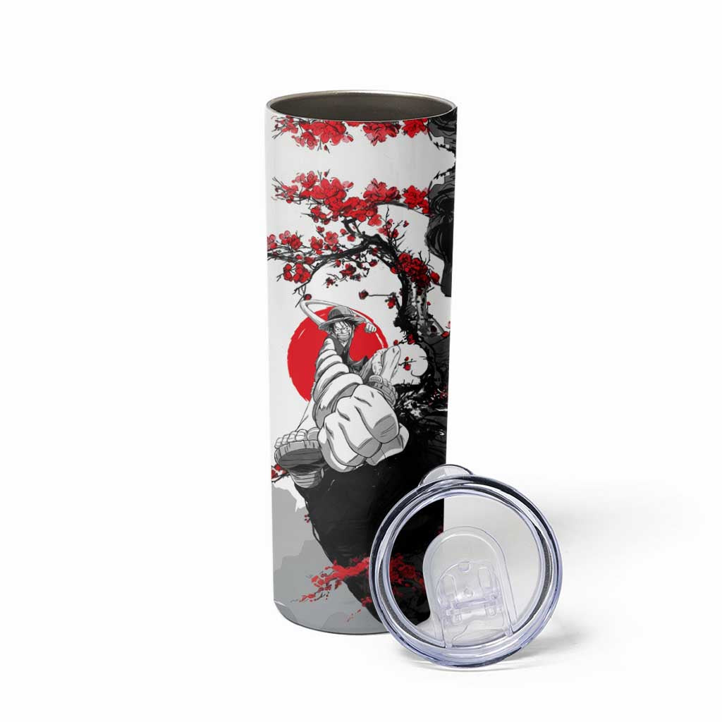 Luffy Gear 3 One Piece Anime White and Red Japanese Art Style Skinny Tumbler with Cherry Blossom Tree and Straw Hat Pirates Jolly Roger - The Mazicc