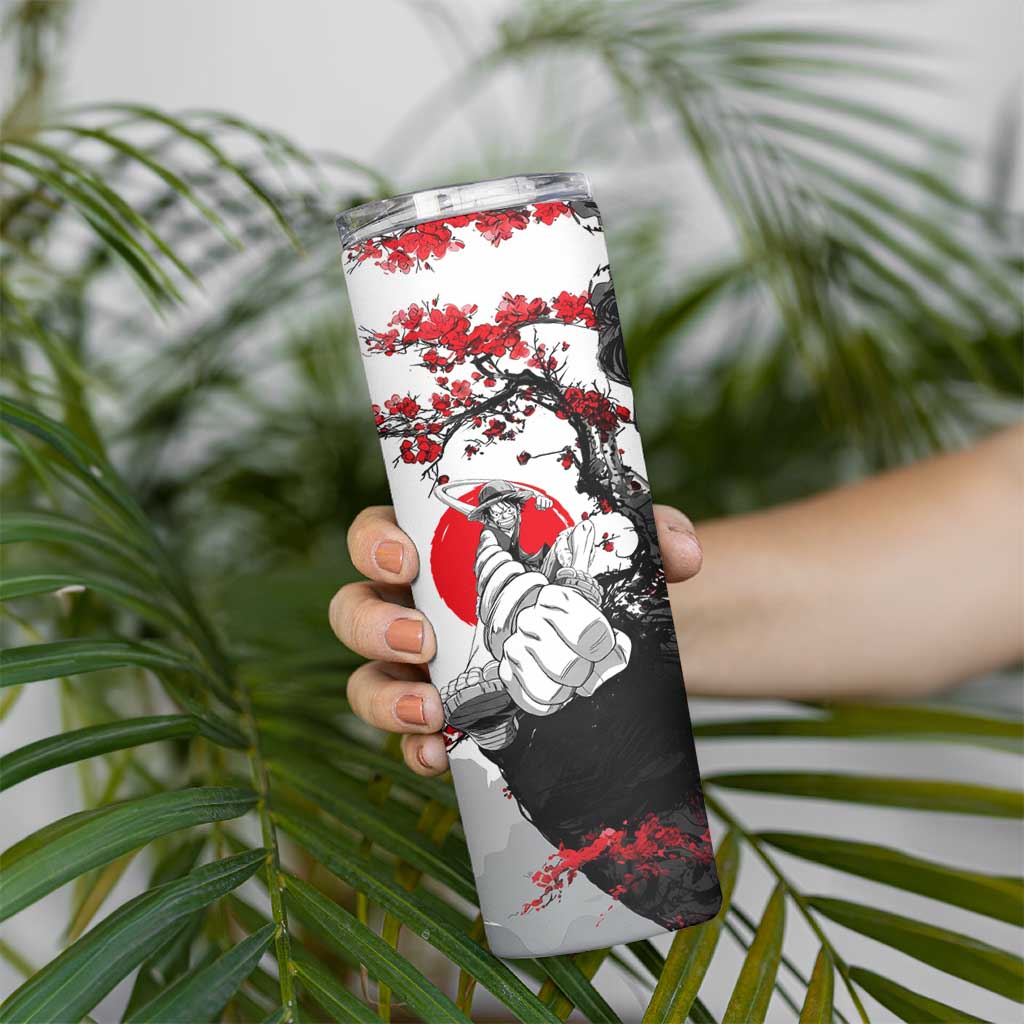 Luffy Gear 3 One Piece Anime White and Red Japanese Art Style Skinny Tumbler with Cherry Blossom Tree and Straw Hat Pirates Jolly Roger - The Mazicc