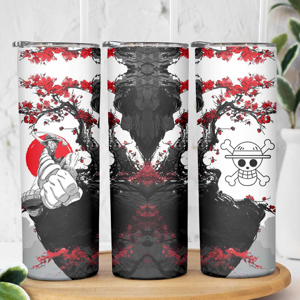 Luffy Gear 3 One Piece Anime White and Red Japanese Art Style Skinny Tumbler with Cherry Blossom Tree and Straw Hat Pirates Jolly Roger - The Mazicc