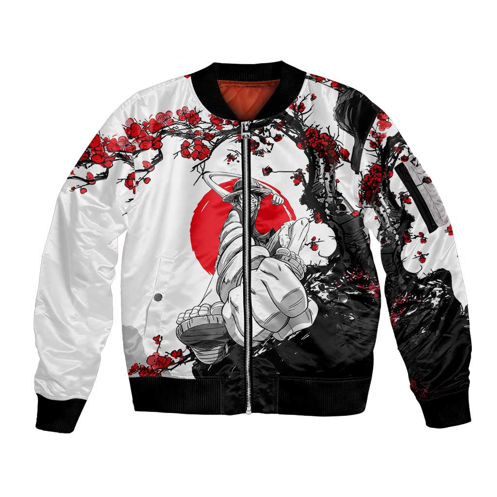 Luffy Gear 3 One Piece Anime White and Red Japanese Art Style Sleeve Zip Bomber Jacket with Cherry Blossom Tree and Straw Hat Pirates Jolly Roger - The Mazicc
