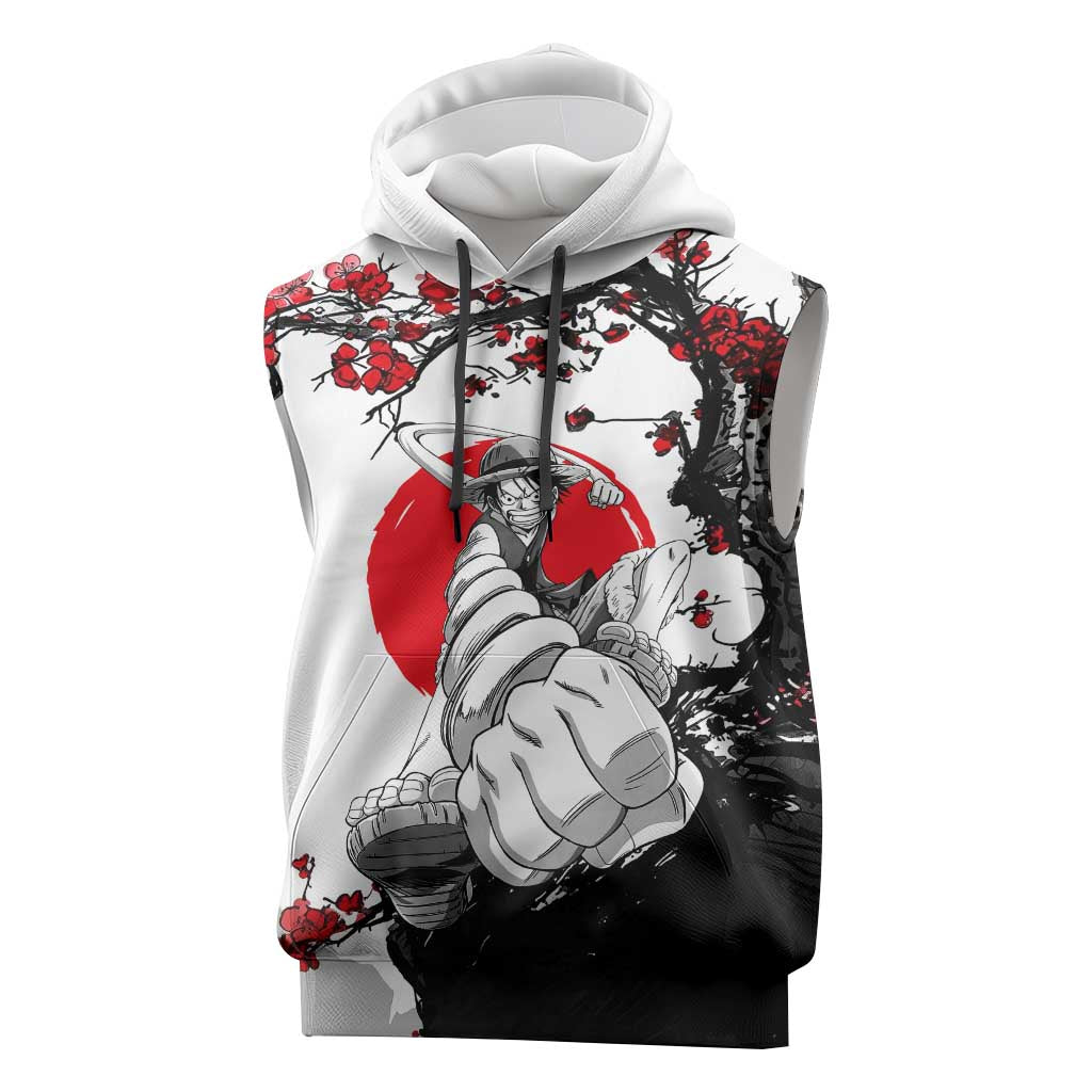 Luffy Gear 3 One Piece Anime White and Red Japanese Art Style Sleeveless Hoodie with Cherry Blossom Tree and Straw Hat Pirates Jolly Roger - The Mazicc