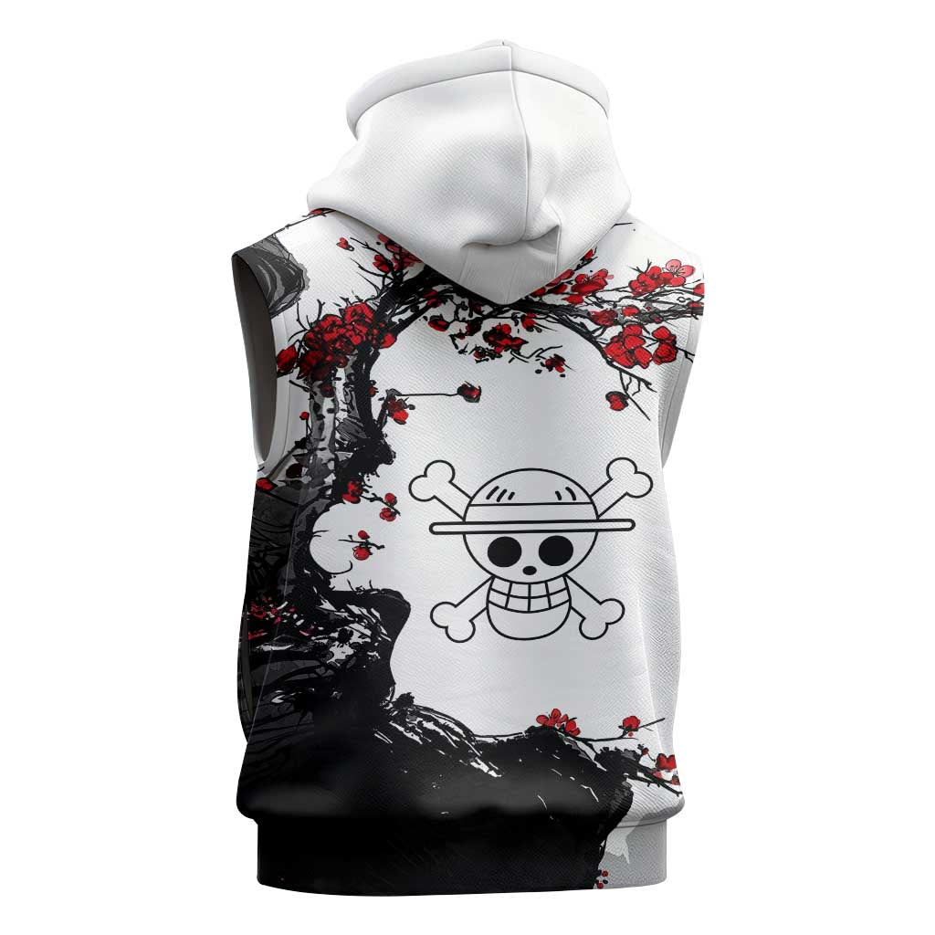 Luffy Gear 3 One Piece Anime White and Red Japanese Art Style Sleeveless Hoodie with Cherry Blossom Tree and Straw Hat Pirates Jolly Roger - The Mazicc