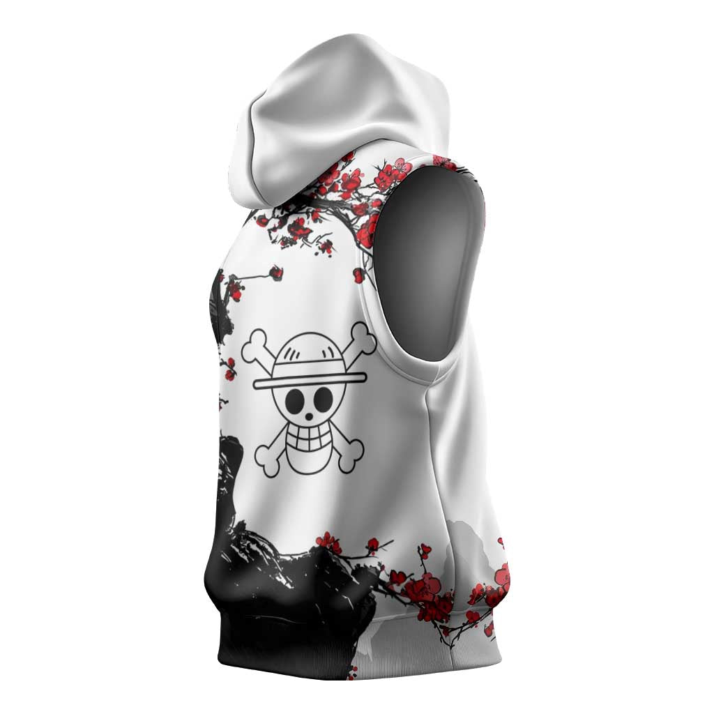 Luffy Gear 3 One Piece Anime White and Red Japanese Art Style Sleeveless Hoodie with Cherry Blossom Tree and Straw Hat Pirates Jolly Roger - The Mazicc