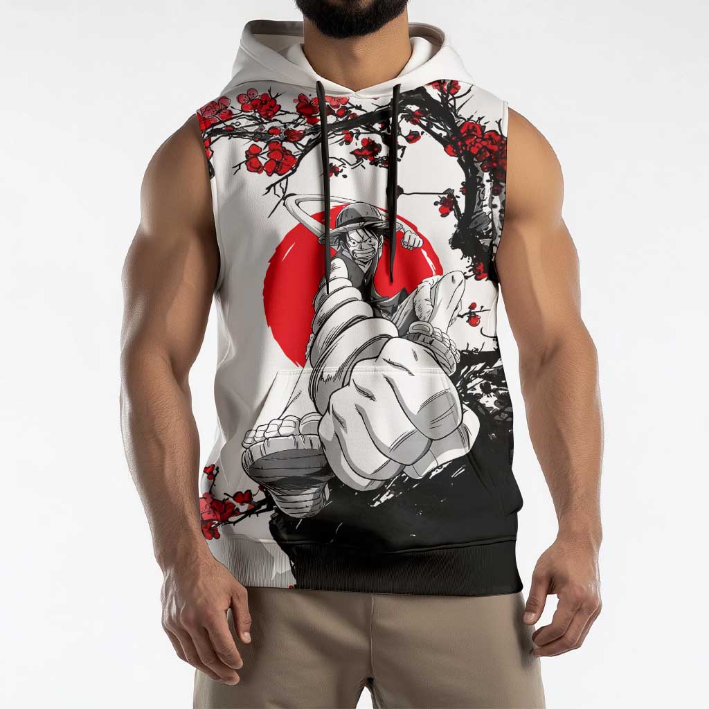 Luffy Gear 3 One Piece Anime White and Red Japanese Art Style Sleeveless Hoodie with Cherry Blossom Tree and Straw Hat Pirates Jolly Roger - The Mazicc