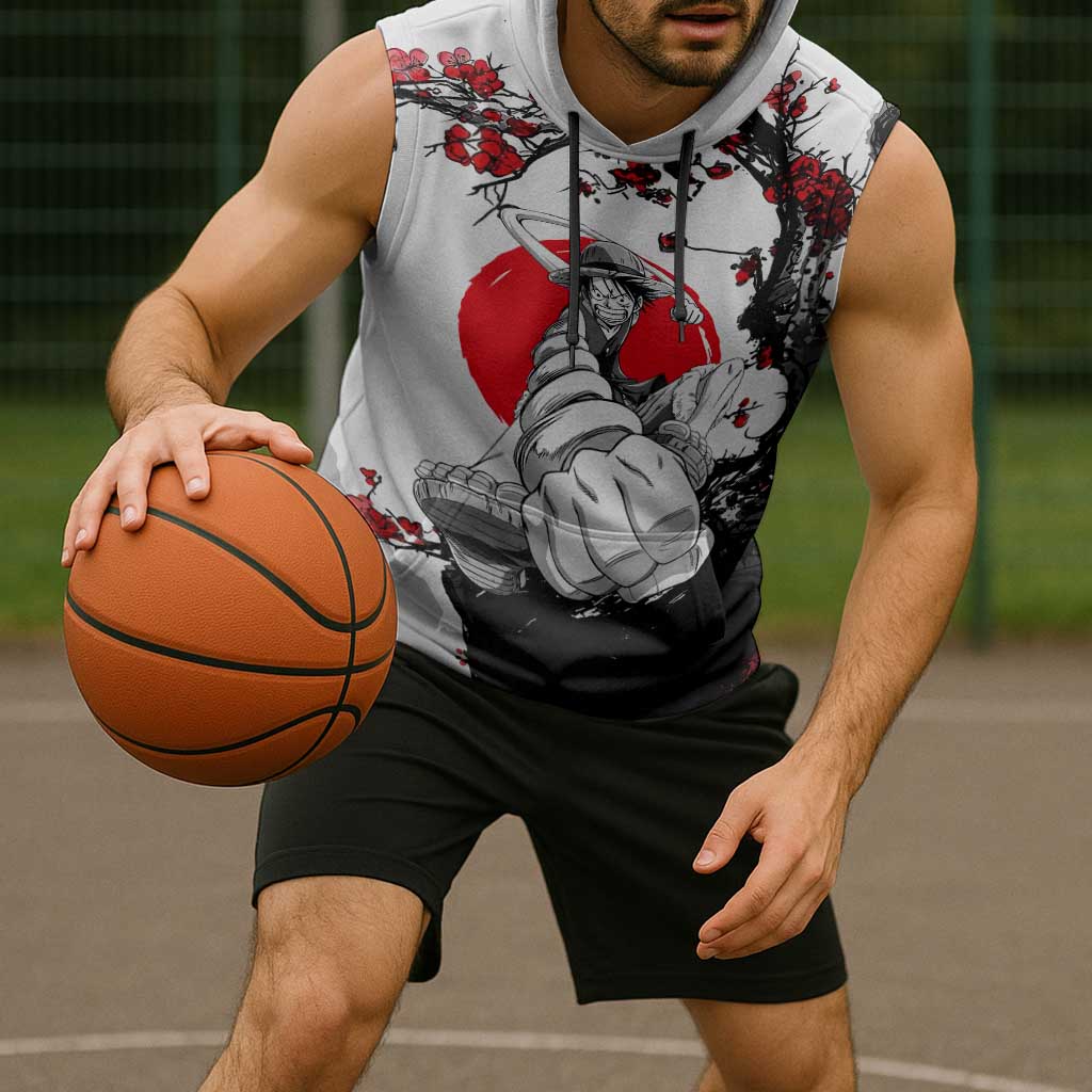 Luffy Gear 3 One Piece Anime White and Red Japanese Art Style Sleeveless Hoodie with Cherry Blossom Tree and Straw Hat Pirates Jolly Roger - The Mazicc