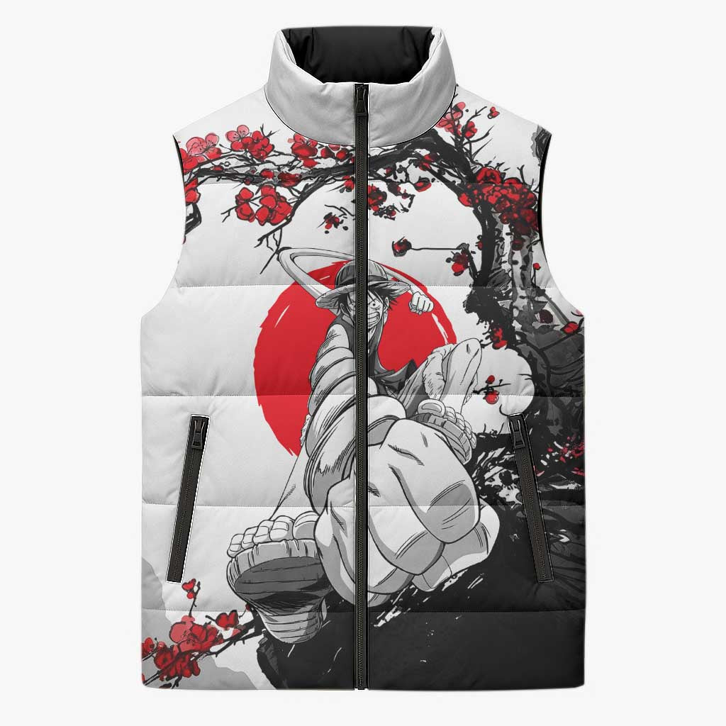 Luffy Gear 3 One Piece Anime White and Red Japanese Art Style Sleeveless Puffer Jacket with Cherry Blossom Tree and Straw Hat Pirates Jolly Roger - The Mazicc