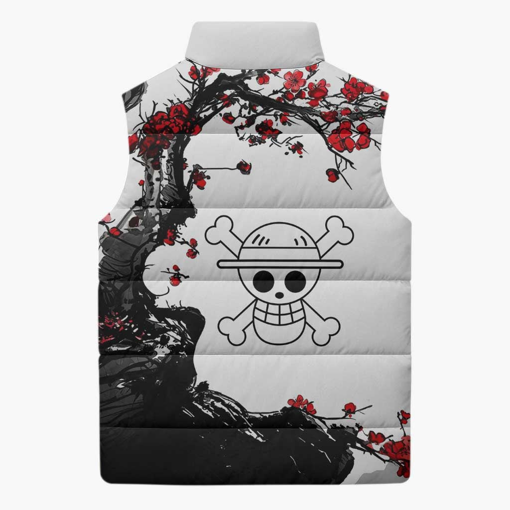 Luffy Gear 3 One Piece Anime White and Red Japanese Art Style Sleeveless Puffer Jacket with Cherry Blossom Tree and Straw Hat Pirates Jolly Roger - The Mazicc
