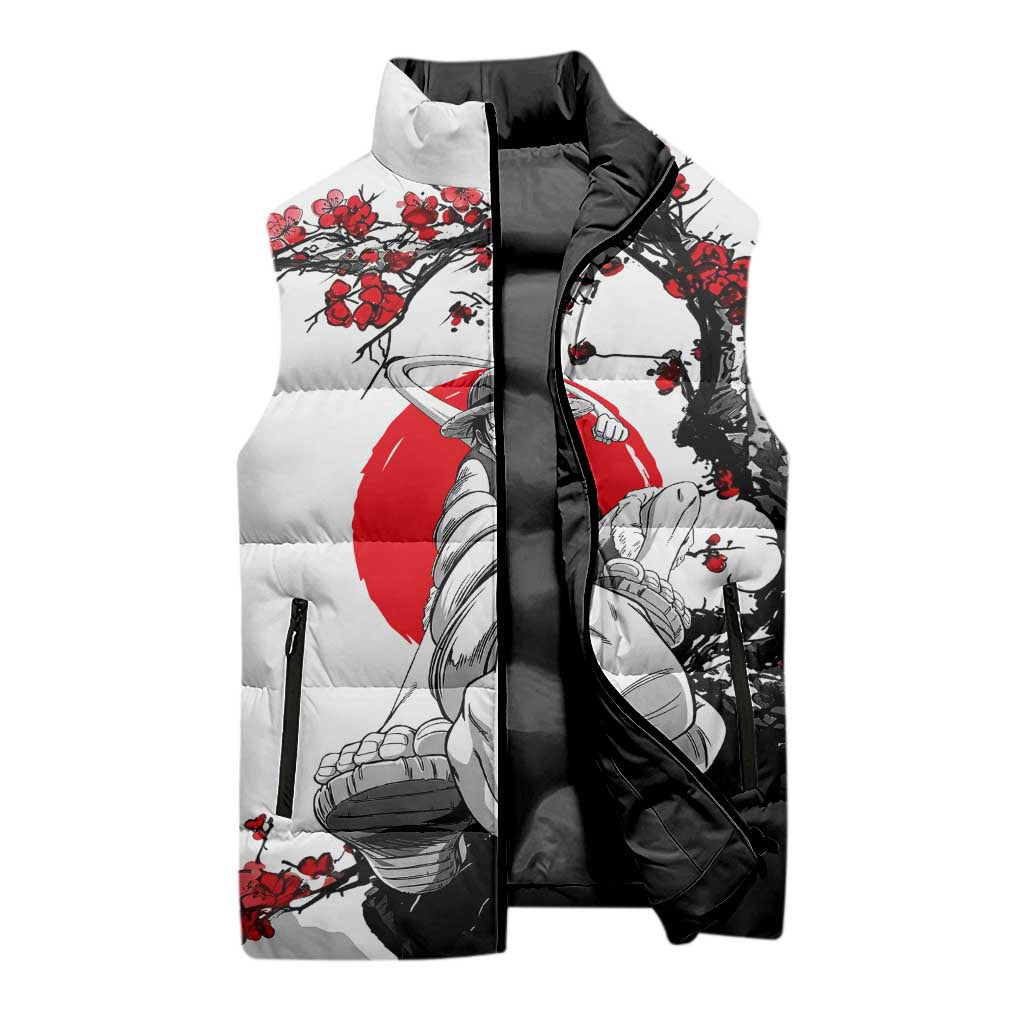 Luffy Gear 3 One Piece Anime White and Red Japanese Art Style Sleeveless Puffer Jacket with Cherry Blossom Tree and Straw Hat Pirates Jolly Roger - The Mazicc