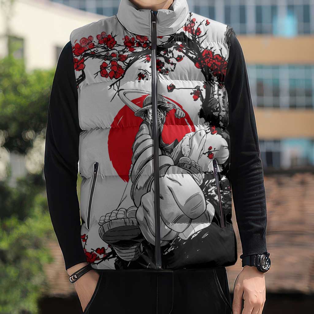 Luffy Gear 3 One Piece Anime White and Red Japanese Art Style Sleeveless Puffer Jacket with Cherry Blossom Tree and Straw Hat Pirates Jolly Roger - The Mazicc