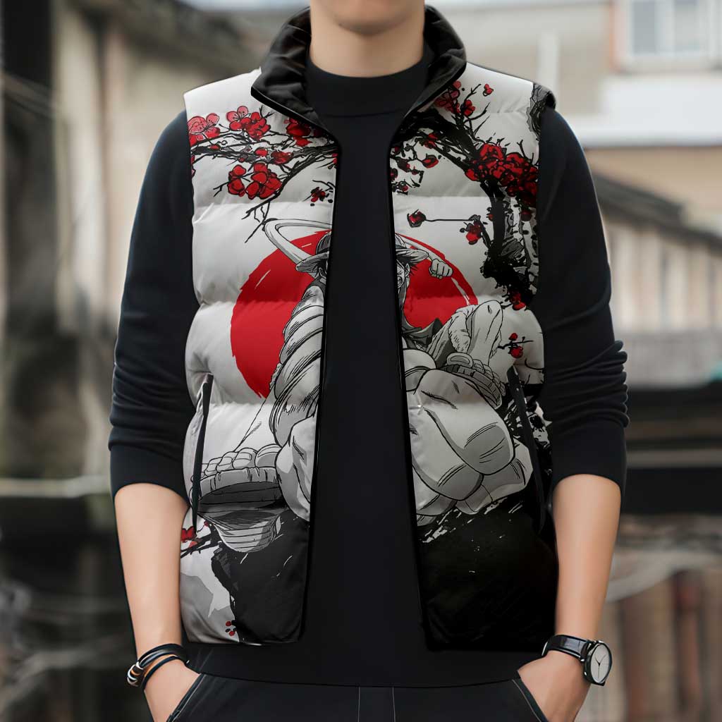 Luffy Gear 3 One Piece Anime White and Red Japanese Art Style Sleeveless Puffer Jacket with Cherry Blossom Tree and Straw Hat Pirates Jolly Roger - The Mazicc