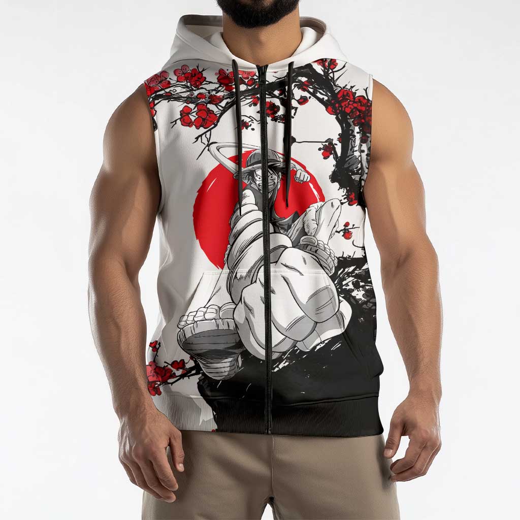 Luffy Gear 3 One Piece Anime White and Red Japanese Art Style Sleeveless Zip Hoodie with Cherry Blossom Tree and Straw Hat Pirates Jolly Roger - The Mazicc