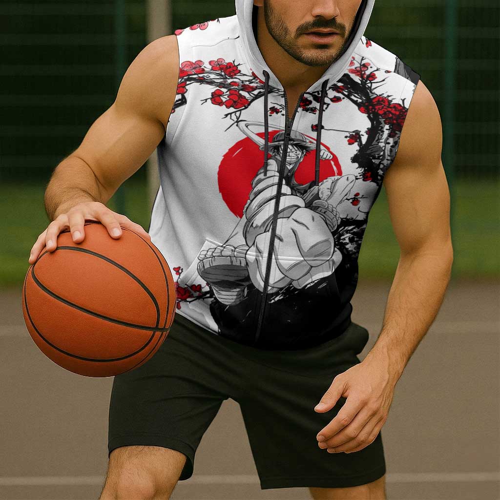 Luffy Gear 3 One Piece Anime White and Red Japanese Art Style Sleeveless Zip Hoodie with Cherry Blossom Tree and Straw Hat Pirates Jolly Roger - The Mazicc