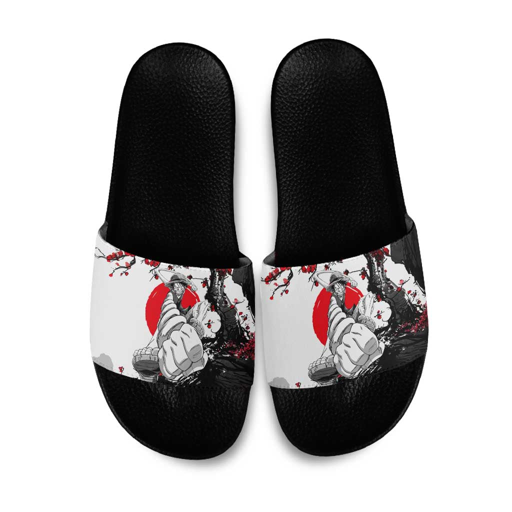 Luffy Gear 3 One Piece Anime White and Red Japanese Art Style Slide Sandals with Cherry Blossom Tree and Straw Hat Pirates Jolly Roger - The Mazicc