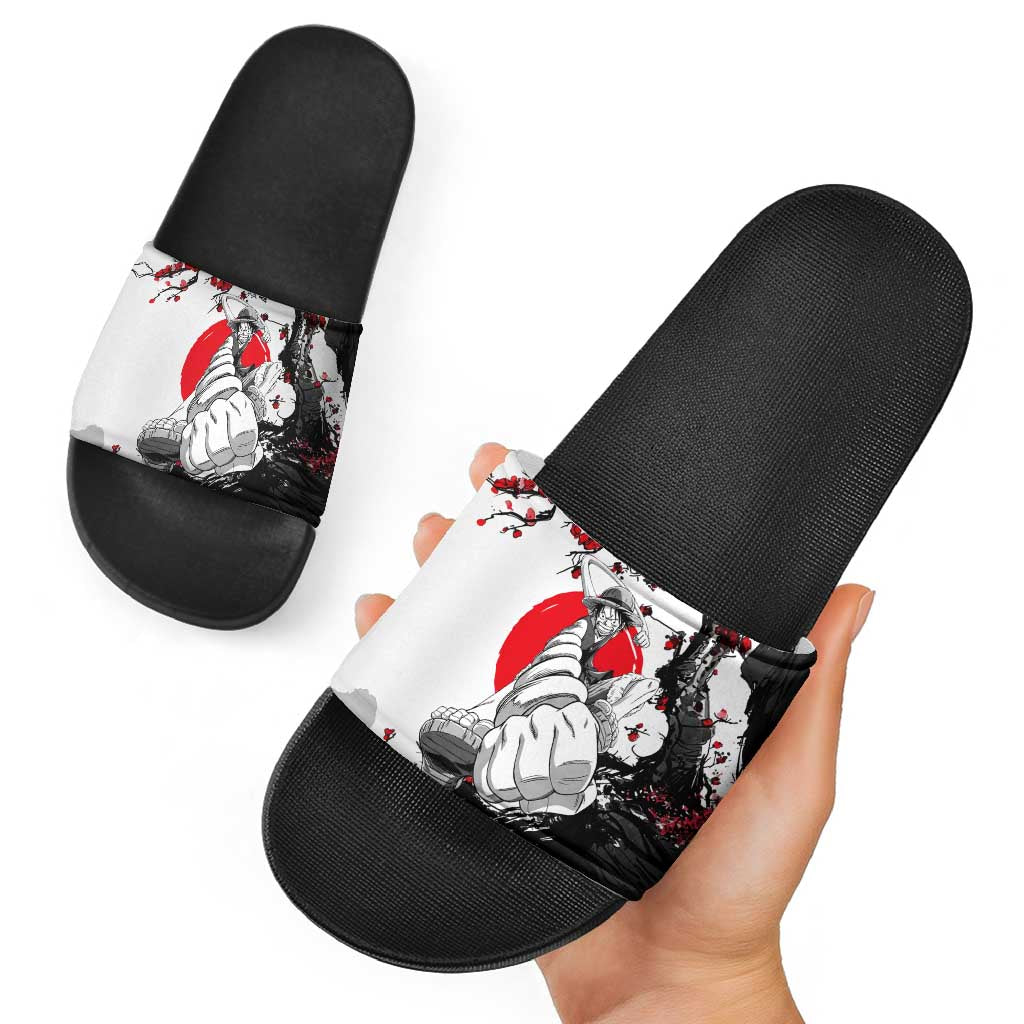 Luffy Gear 3 One Piece Anime White and Red Japanese Art Style Slide Sandals with Cherry Blossom Tree and Straw Hat Pirates Jolly Roger - The Mazicc