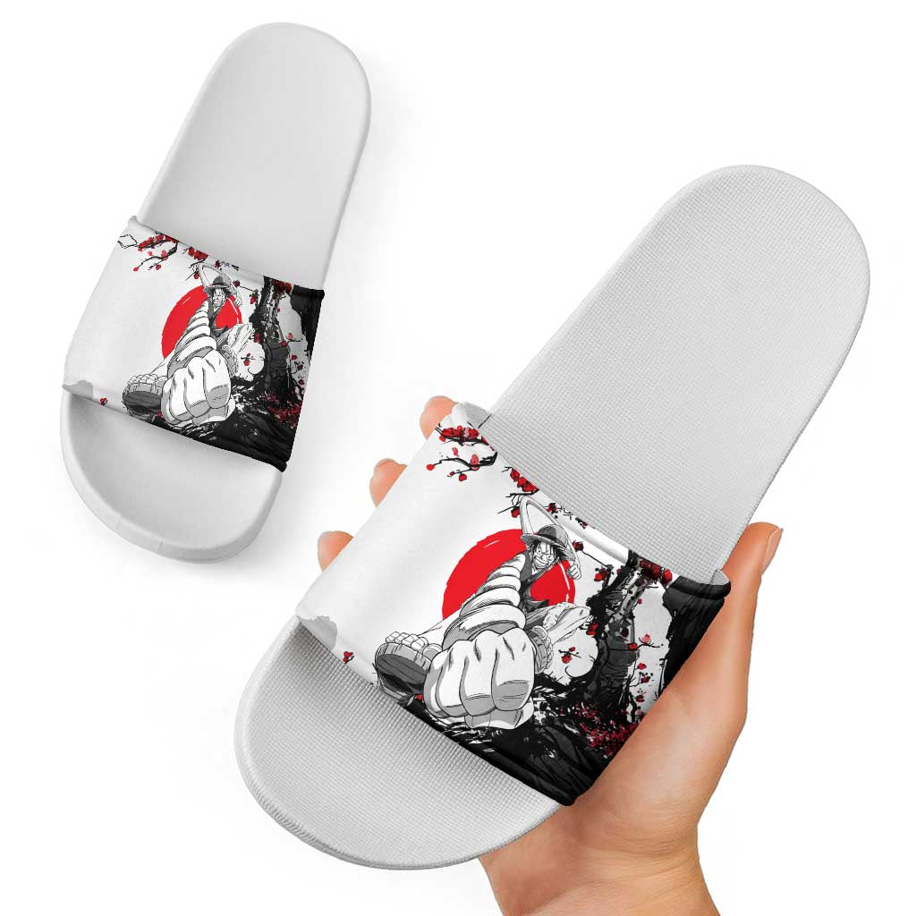 Luffy Gear 3 One Piece Anime White and Red Japanese Art Style Slide Sandals with Cherry Blossom Tree and Straw Hat Pirates Jolly Roger - The Mazicc