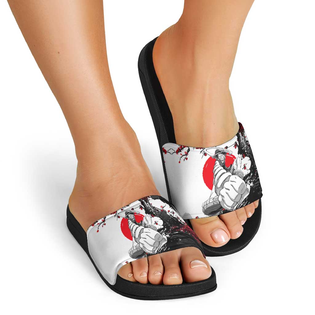 Luffy Gear 3 One Piece Anime White and Red Japanese Art Style Slide Sandals with Cherry Blossom Tree and Straw Hat Pirates Jolly Roger - The Mazicc