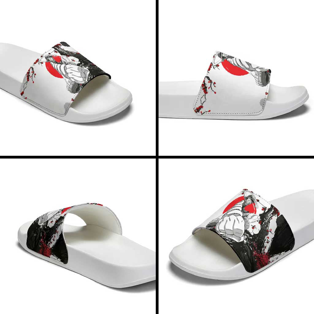 Luffy Gear 3 One Piece Anime White and Red Japanese Art Style Slide Sandals with Cherry Blossom Tree and Straw Hat Pirates Jolly Roger - The Mazicc