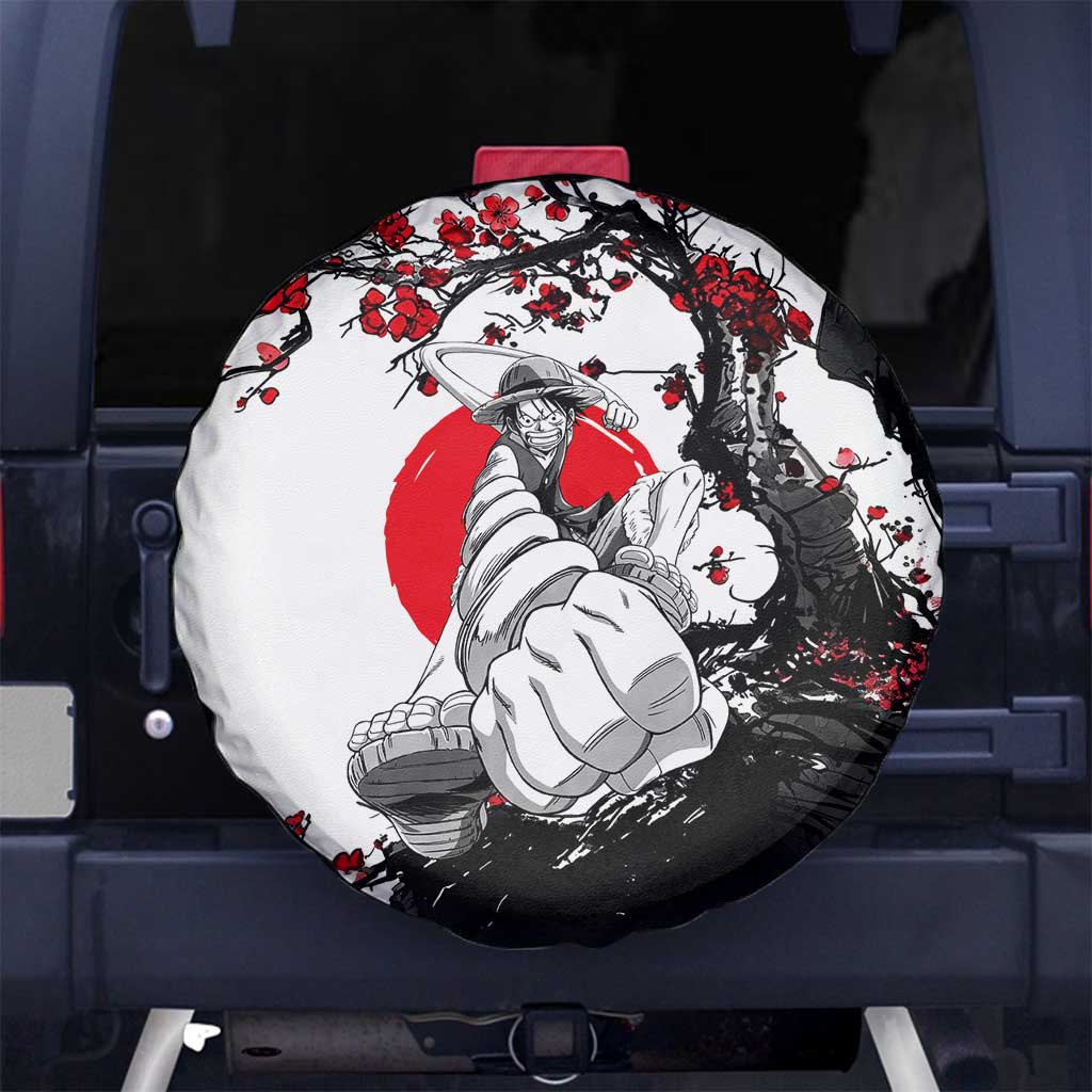 Luffy Gear 3 One Piece Anime White and Red Japanese Art Style Spare Tire Cover with Cherry Blossom Tree and Straw Hat Pirates Jolly Roger - The Mazicc