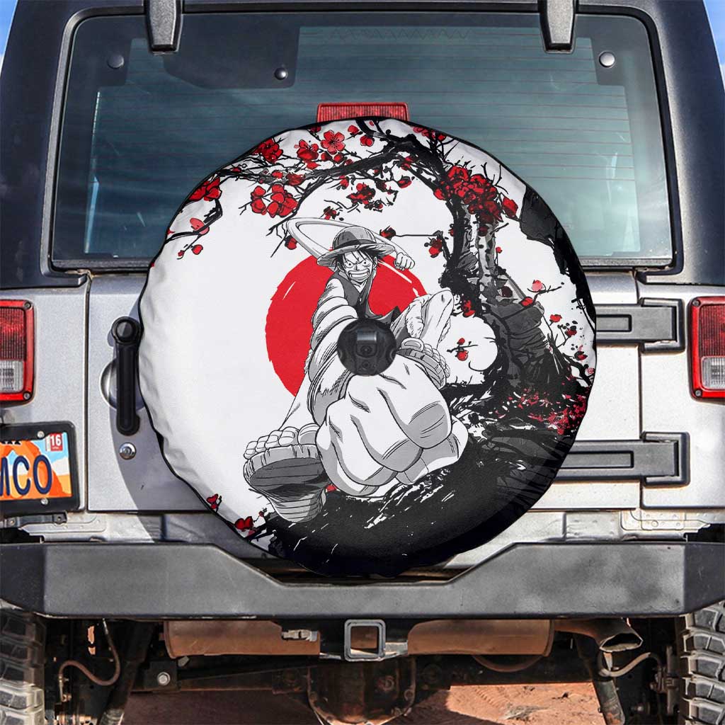 Luffy Gear 3 One Piece Anime White and Red Japanese Art Style Spare Tire Cover with Cherry Blossom Tree and Straw Hat Pirates Jolly Roger - The Mazicc