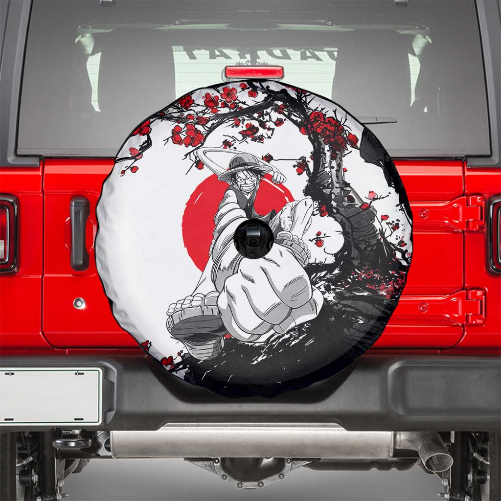 Luffy Gear 3 One Piece Anime White and Red Japanese Art Style Spare Tire Cover with Cherry Blossom Tree and Straw Hat Pirates Jolly Roger - The Mazicc