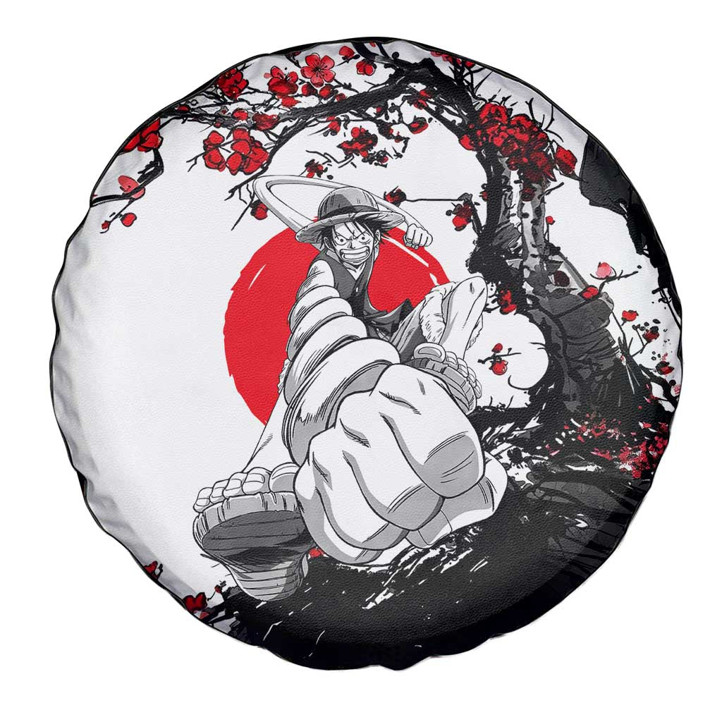 Luffy Gear 3 One Piece Anime White and Red Japanese Art Style Spare Tire Cover with Cherry Blossom Tree and Straw Hat Pirates Jolly Roger - The Mazicc