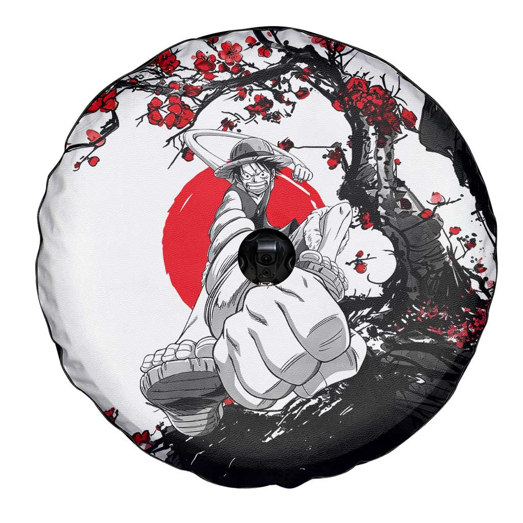 Luffy Gear 3 One Piece Anime White and Red Japanese Art Style Spare Tire Cover with Cherry Blossom Tree and Straw Hat Pirates Jolly Roger - The Mazicc