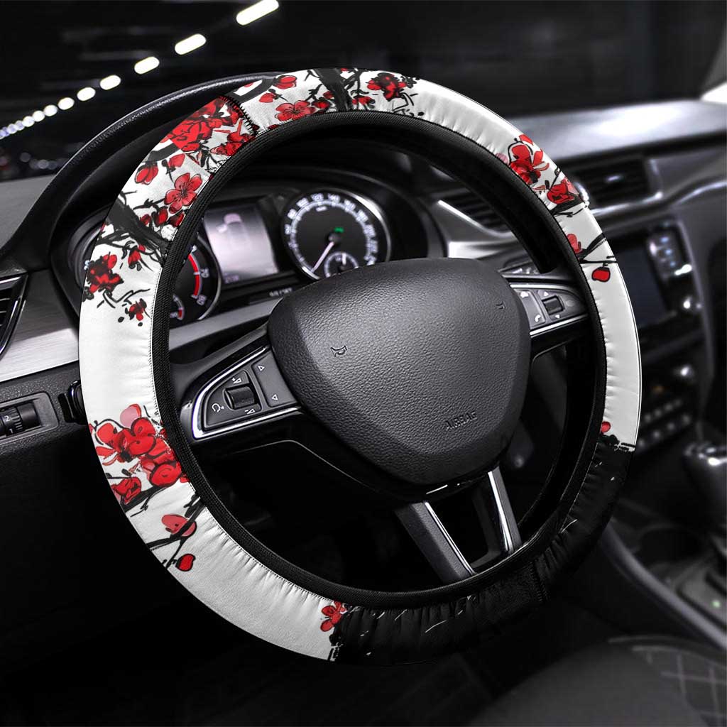 Luffy Gear 3 One Piece Anime White and Red Japanese Art Style Steering Wheel Cover with Cherry Blossom Tree and Straw Hat Pirates Jolly Roger - The Mazicc