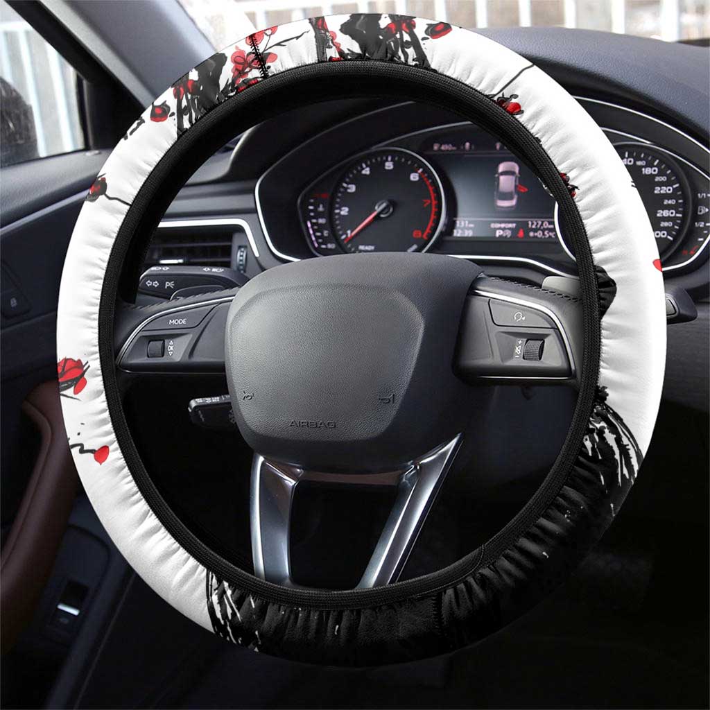 Luffy Gear 3 One Piece Anime White and Red Japanese Art Style Steering Wheel Cover with Cherry Blossom Tree and Straw Hat Pirates Jolly Roger - The Mazicc
