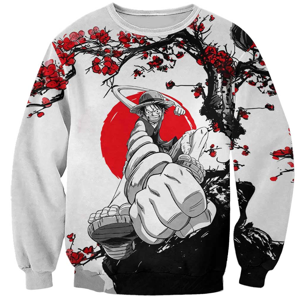 Luffy Gear 3 One Piece Anime White and Red Japanese Art Style Sweatshirt with Cherry Blossom Tree and Straw Hat Pirates Jolly Roger - The Mazicc