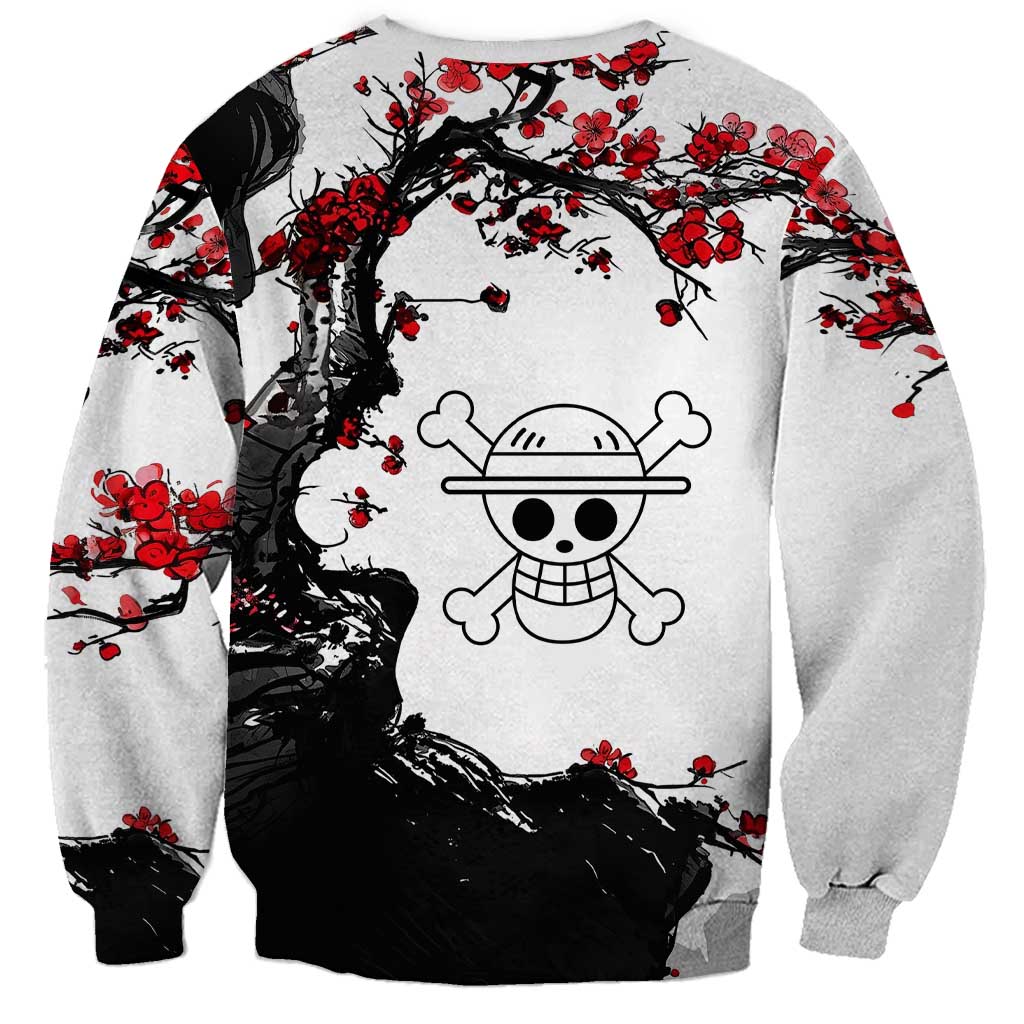 Luffy Gear 3 One Piece Anime White and Red Japanese Art Style Sweatshirt with Cherry Blossom Tree and Straw Hat Pirates Jolly Roger - The Mazicc