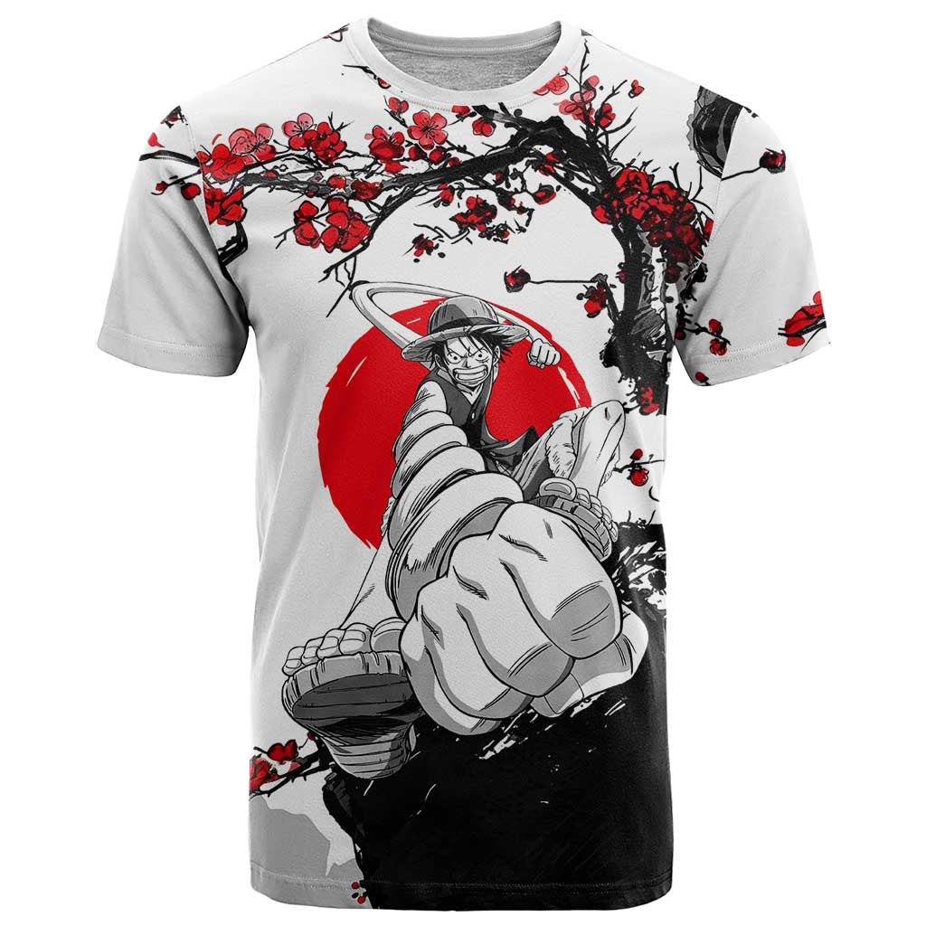 Luffy Gear 3 One Piece Anime White and Red Japanese Art Style T Shirt with Cherry Blossom Tree and Straw Hat Pirates Jolly Roger - The Mazicc