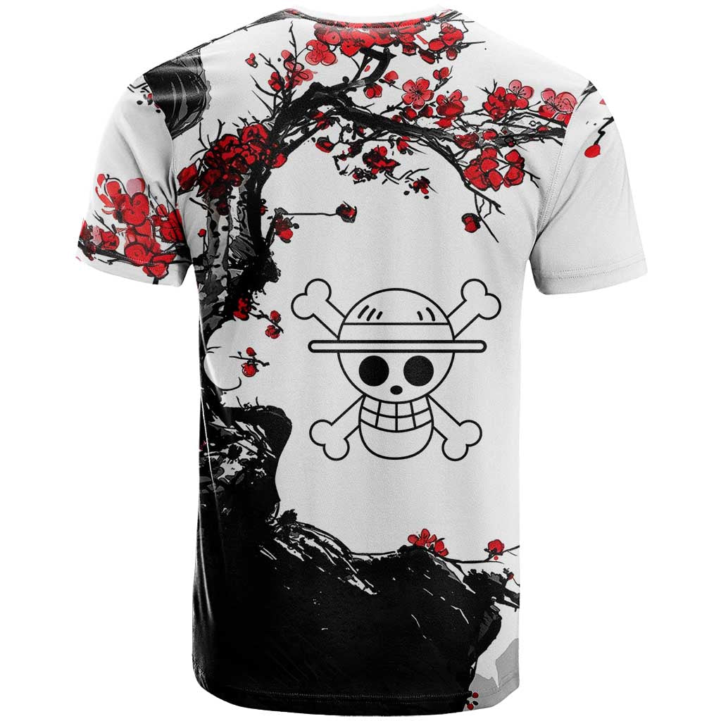 Luffy Gear 3 One Piece Anime White and Red Japanese Art Style T Shirt with Cherry Blossom Tree and Straw Hat Pirates Jolly Roger - The Mazicc