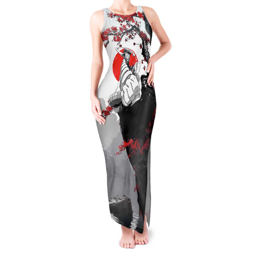 Luffy Gear 3 One Piece Anime White and Red Japanese Art Style Tank Maxi Dress with Cherry Blossom Tree and Straw Hat Pirates Jolly Roger - The Mazicc
