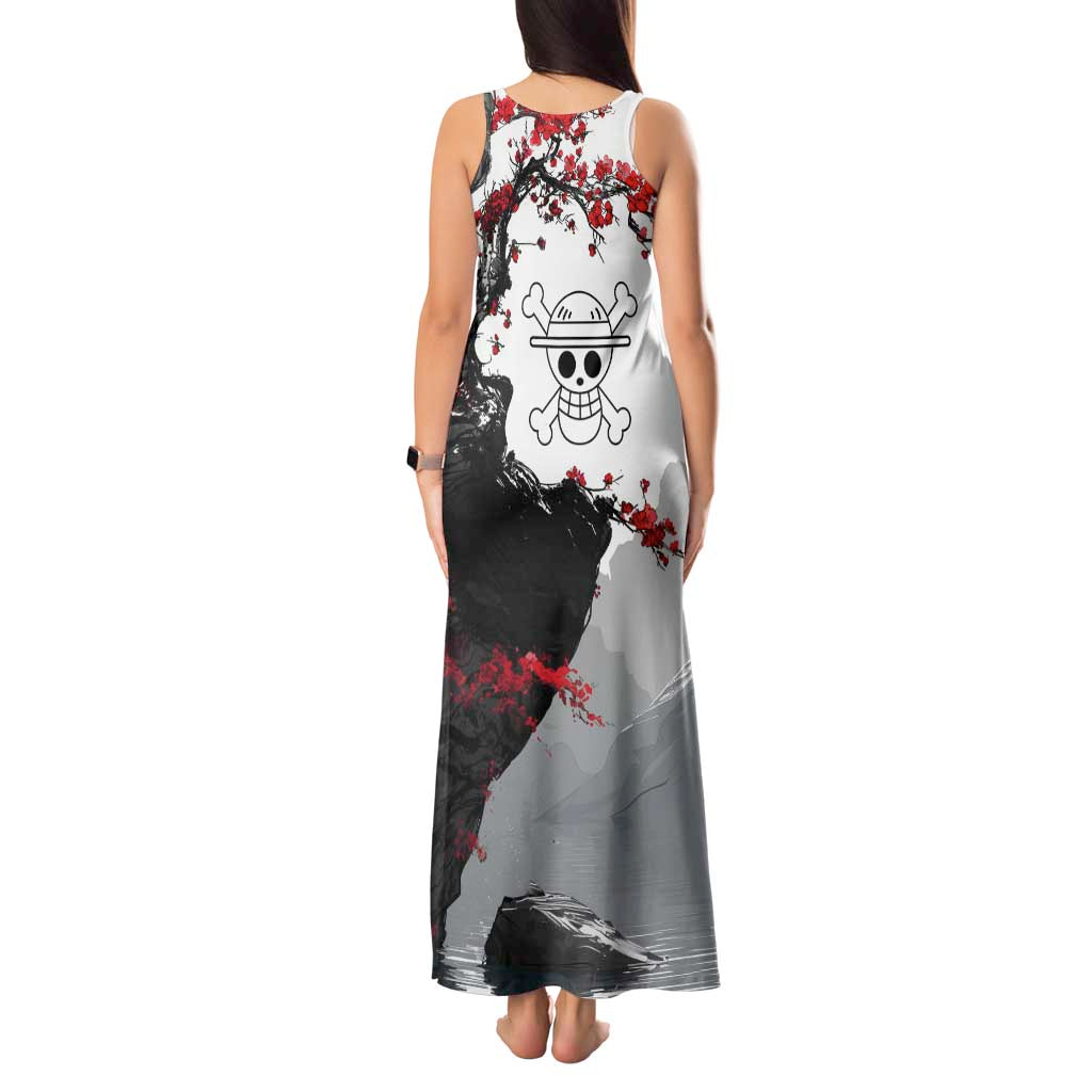 Luffy Gear 3 One Piece Anime White and Red Japanese Art Style Tank Maxi Dress with Cherry Blossom Tree and Straw Hat Pirates Jolly Roger - The Mazicc